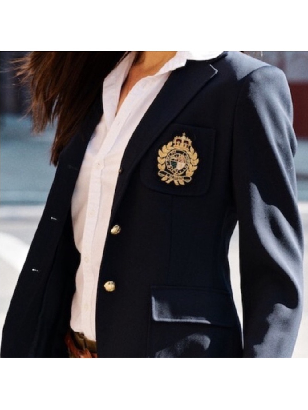 Lauren Ralph Lauren Navy Crest Patch Gold-Button Blazer 100% Wool 16